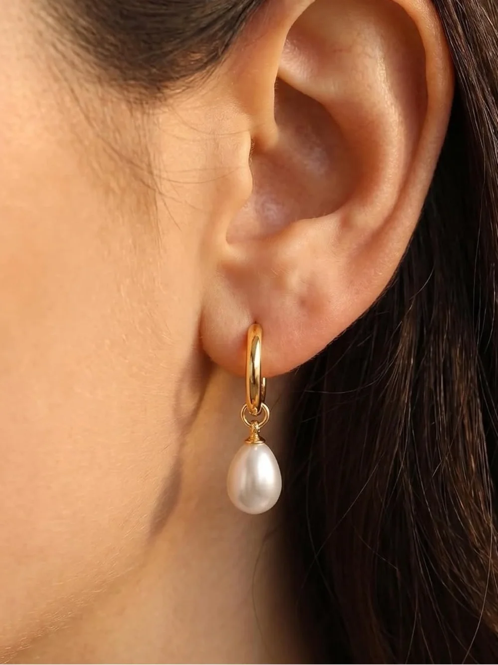 Anthropologie Gold Tone Hoop Earrings with White Pearl Drop